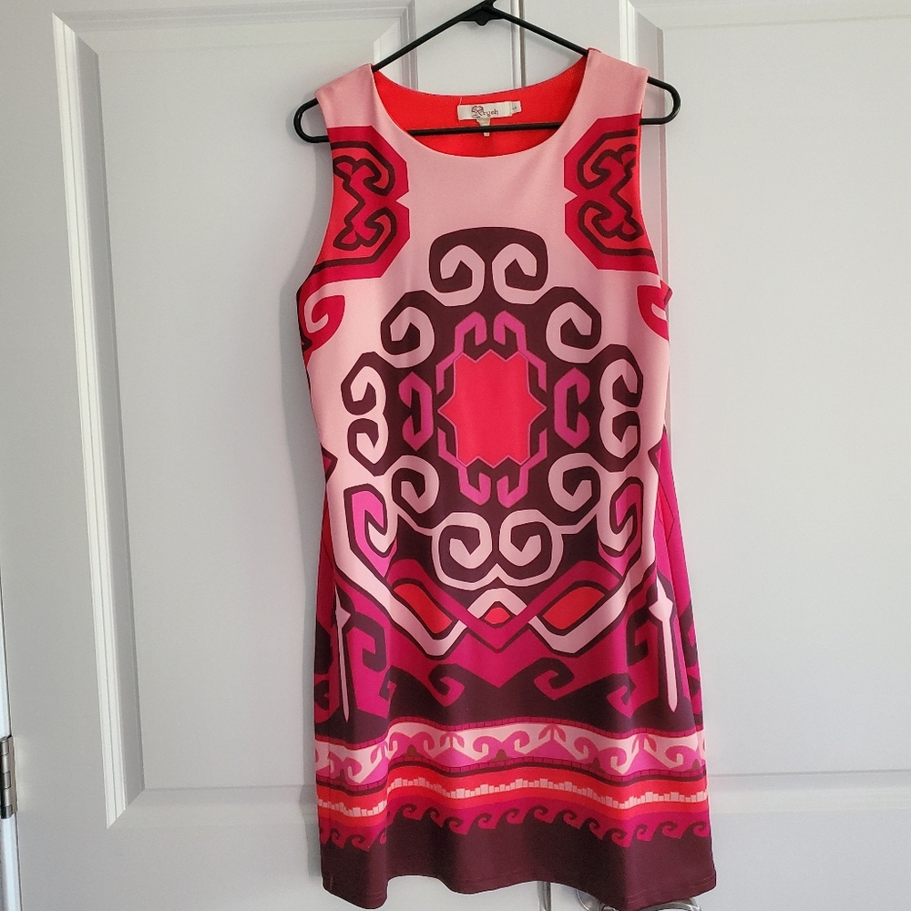 Aryeh Pink and Brown Geometric Cocktail Dress, Size L, Colorful Fun Light